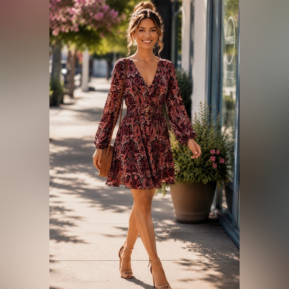 $329 MAEVE ANTHROPOLOGIE Faux Wrap Dress M Bodice V-Neck Belted Paisley Retro